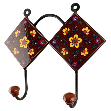 Ceramic Floral Tile Hook in Brown